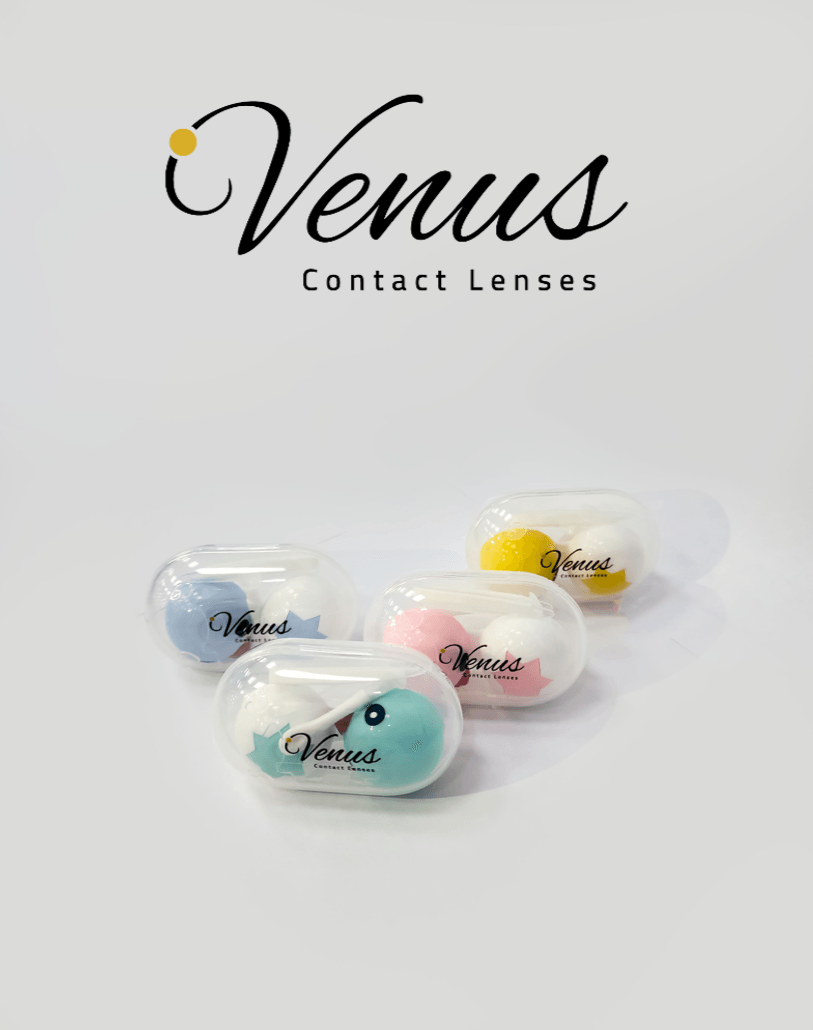 Compact Venus Lens Storage Case in blue, pink, yellow, and turquoise variants, perfect for travel-safe and leakproof contact lens care.