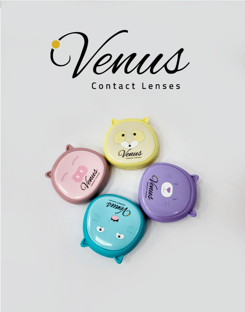Venus Lens Storage Case – Charming All-in-One Lens Care Kit in cute animal designs with compact cases in pink, yellow, turquoise, and purple.