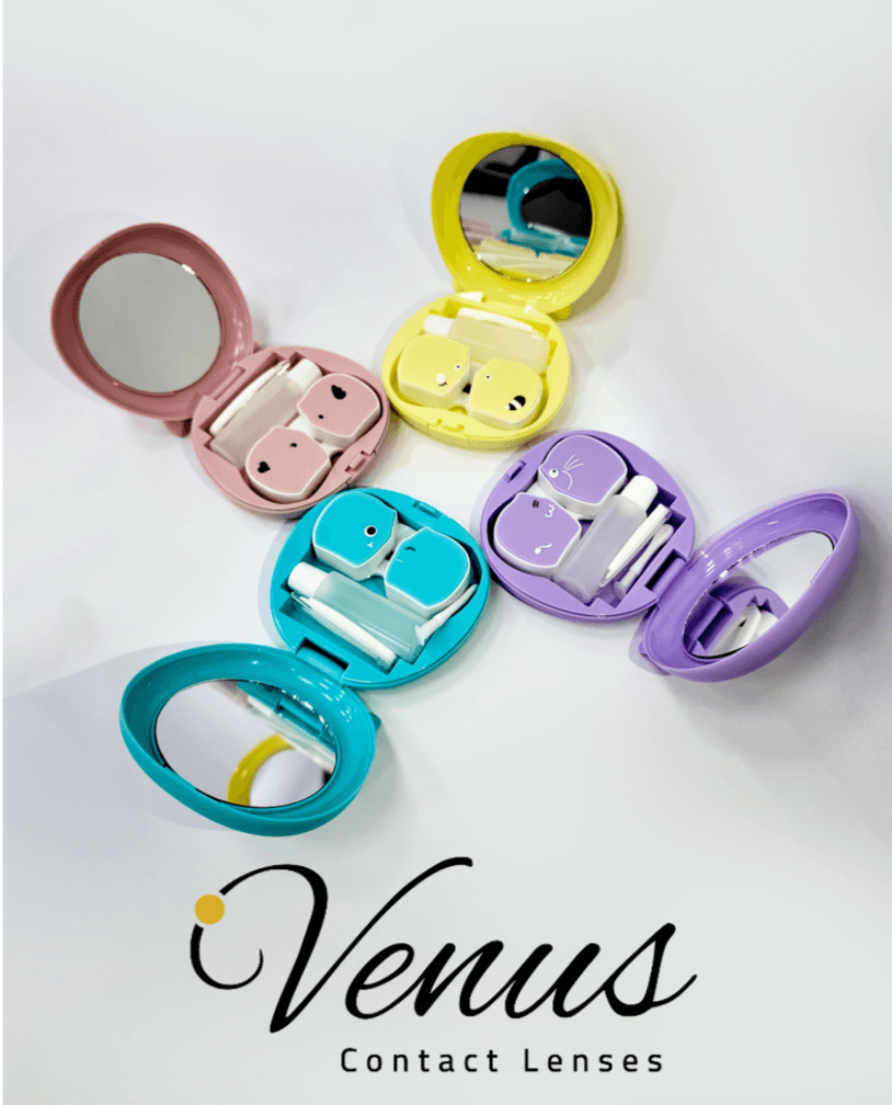 Open Venus Lens Storage Cases showing dual lens containers, tweezers, refillable solution bottles, and mirrors in colorful animal-themed kits.