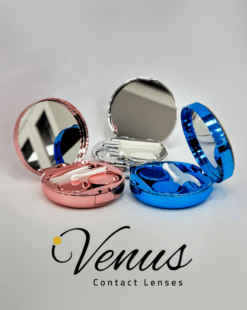 Open Venus Luxury Lens Storage Cases in pink, silver, and blue showing mirrors, tweezers, and lens holders. Compact and elegant lens care kits.