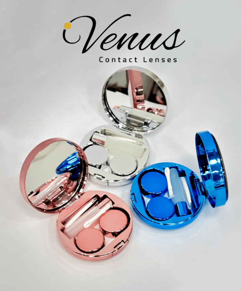 Luxury Lens Storage Case - Glitter Edition in pink, silver, and blue with dual containers and tools for contact lens care. Ideal for travel use.