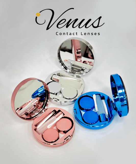 Luxury Lens Storage Case - Glitter Edition in pink, silver, and blue with dual containers and tools for contact lens care. Ideal for travel use.