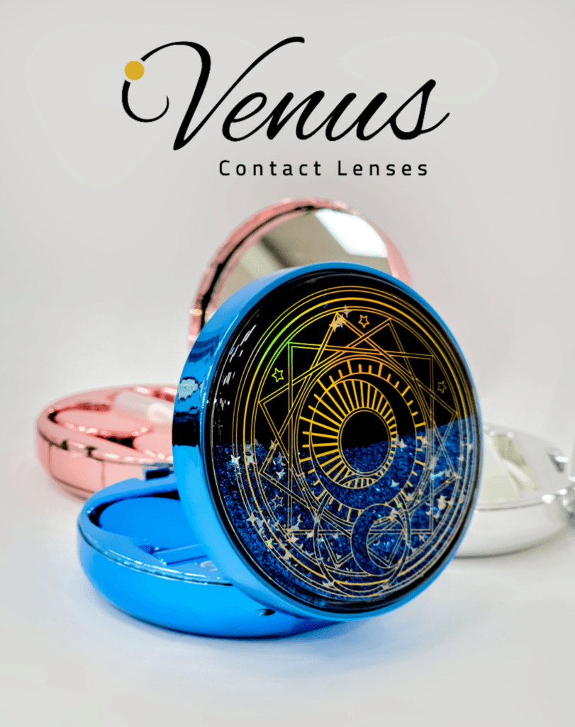 Blue Venus Luxury Lens Storage Case - Glitter Edition with cosmic glitter lid and full lens care kit inside. Perfect for fashionable lens users.