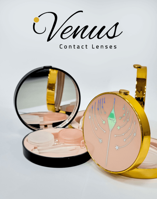 Venus Lens Case - Luxury Contact Storage with dual containers, mirror, and tweezers in a compact, elegant pink and gold design for hygienic lens care.