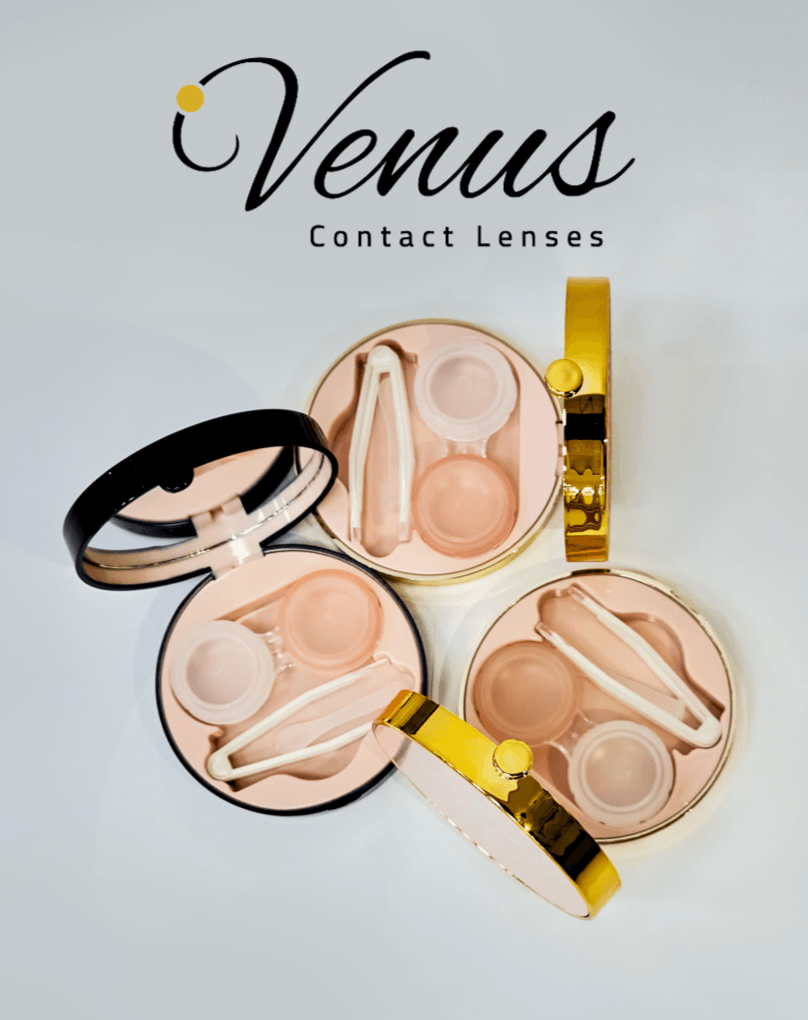 Venus Lens Case - Luxury Contact Storage with dual containers, tweezers, and mirror in black and gold compact designs. Ideal for elegant lens care.