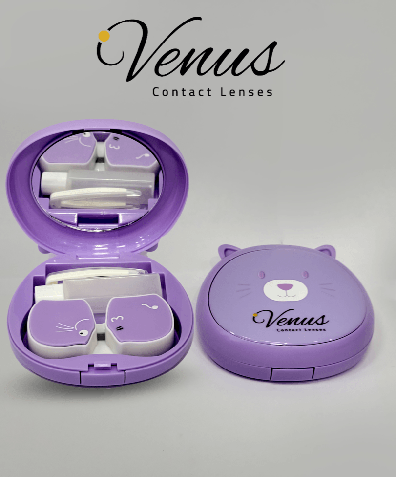 Purple Venus Lens Storage Case with cat design, open to reveal organized lens care tools including mirror, tweezers, and solution bottle.