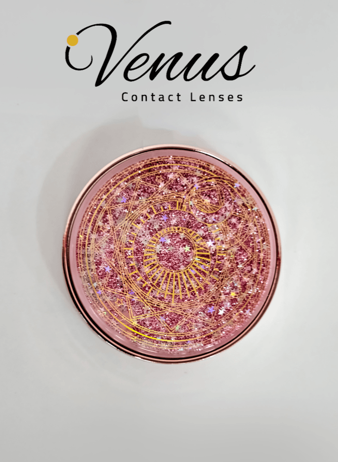 Venus Luxury Lens Storage Case - Glitter Edition in pink with celestial glitter design lid. Stylish and secure contact lens care kit.