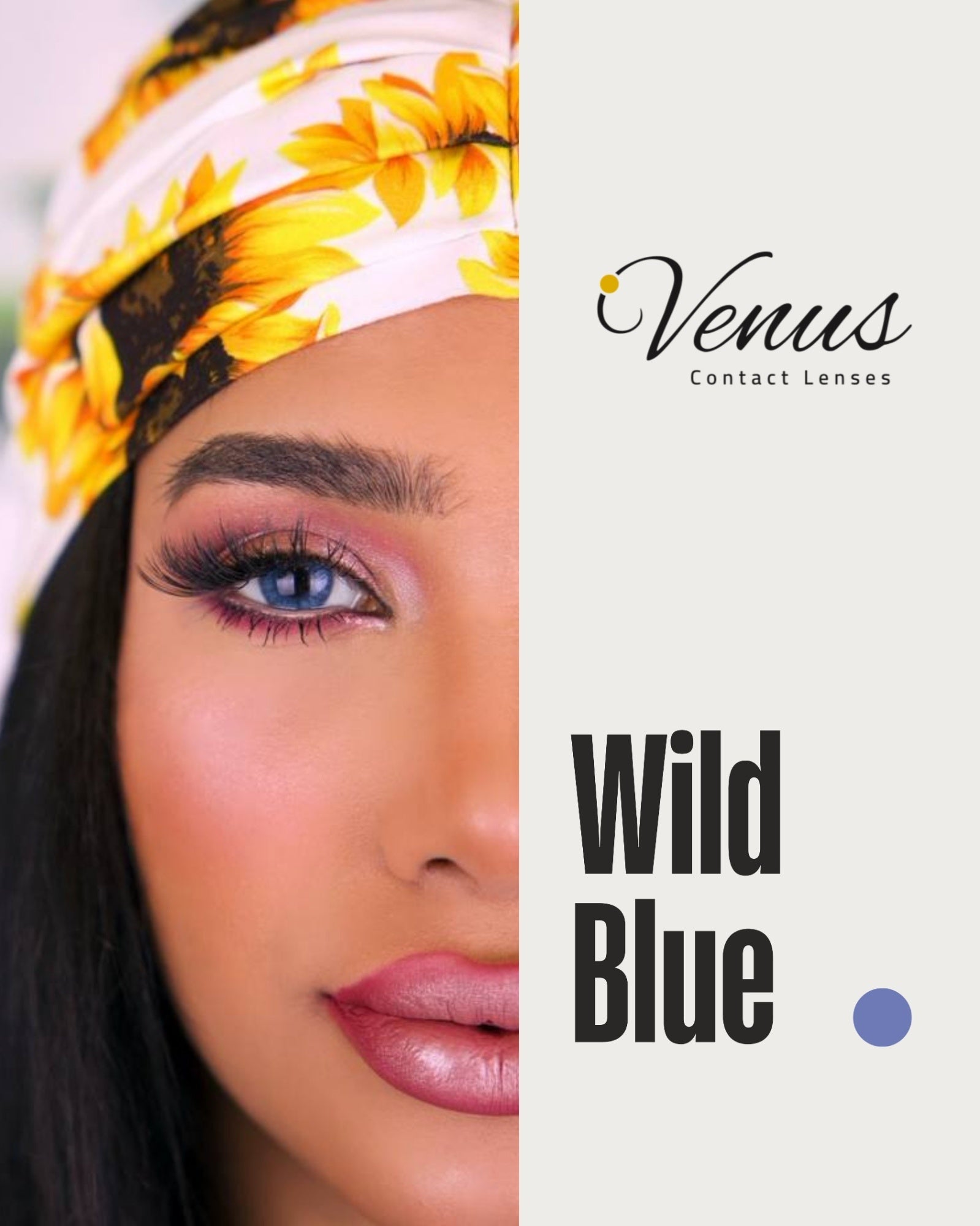 Model wearing Wild Blue Contact Lenses by Venus – bright blue eyes look