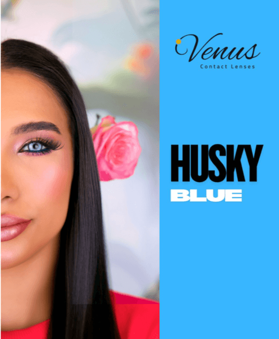 Model wearing Husky Blue Contact Lenses by Venus – natural icy blue eye look
