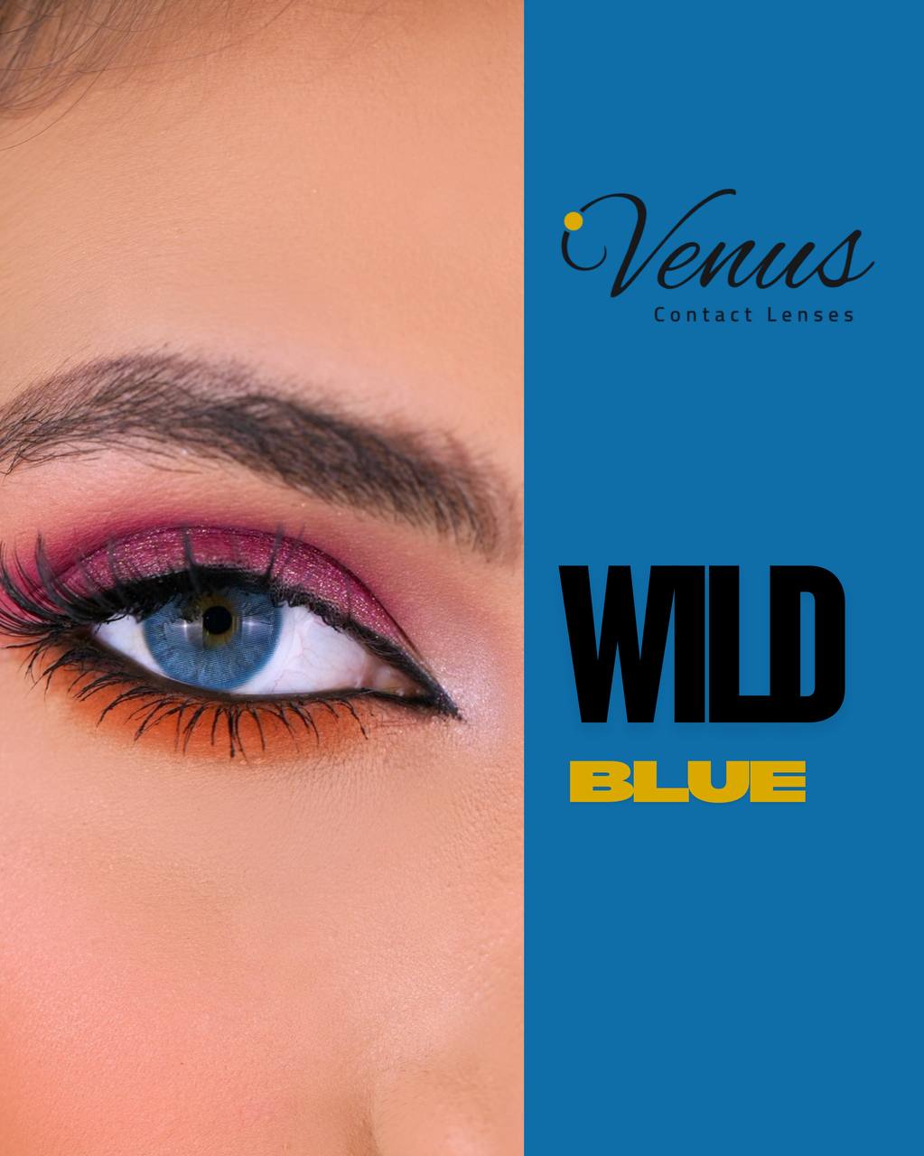Model wearing Wild Blue Contact Lenses by Venus – bright blue eyes look