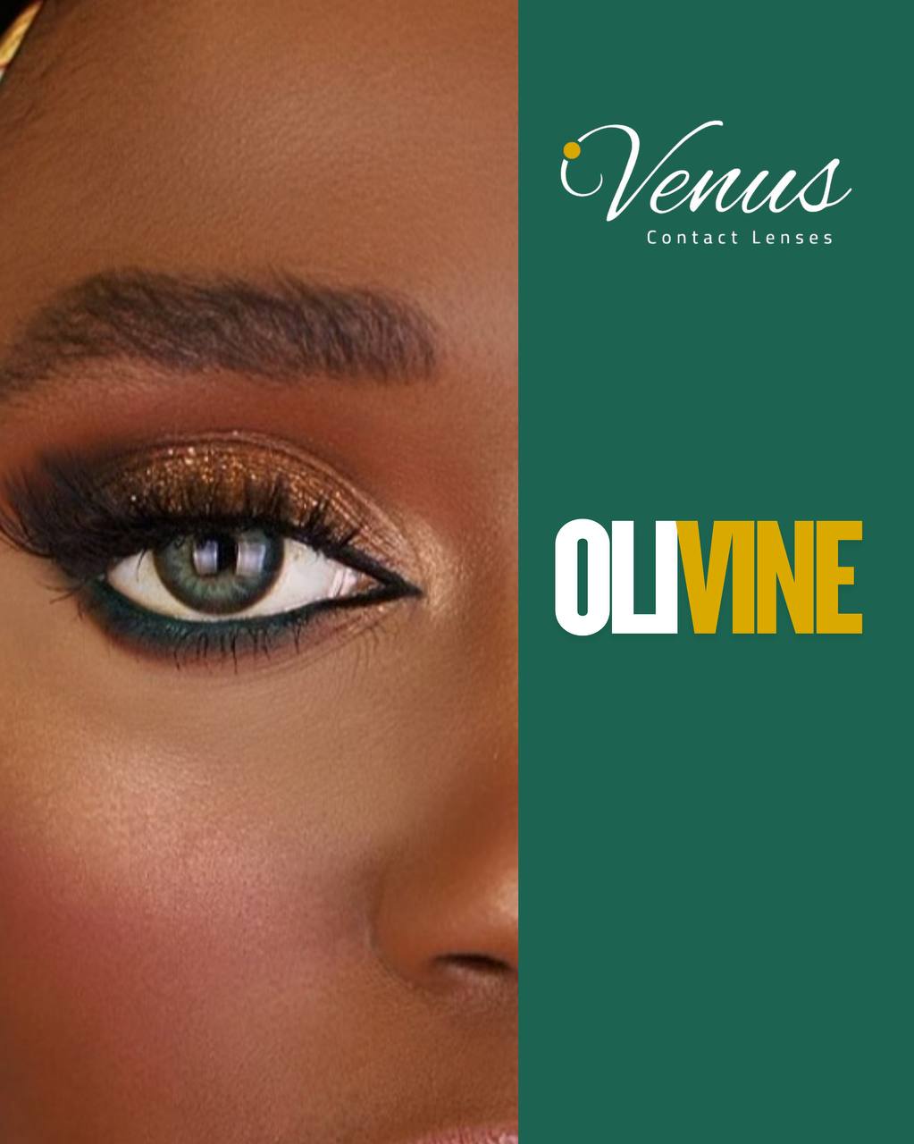 Model close-up wearing Olivine Green Contact Lenses by Venus – natural green eye color