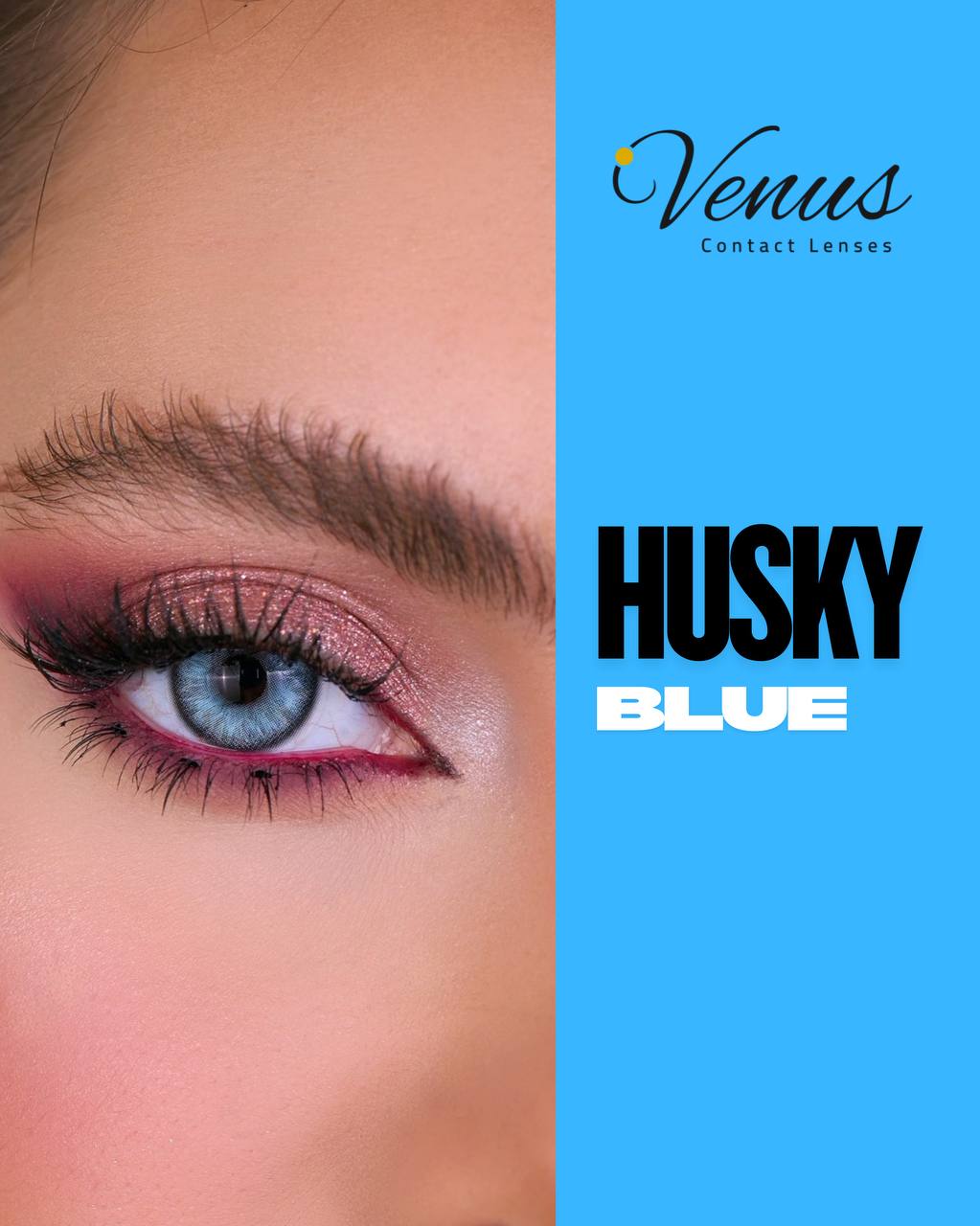 Model wearing Husky Blue Contact Lenses by Venus – natural icy blue eye look
