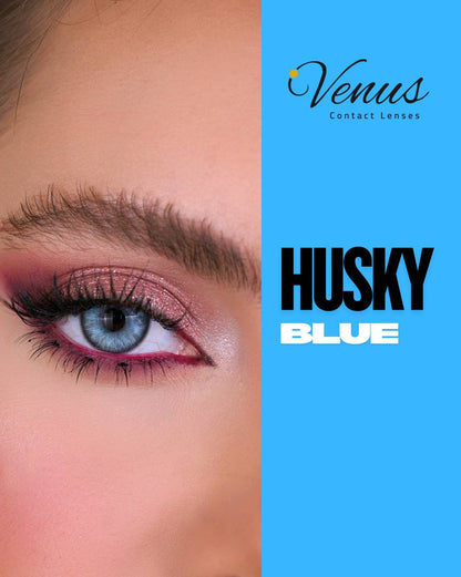 Model wearing Husky Blue Contact Lenses by Venus – natural icy blue eye look