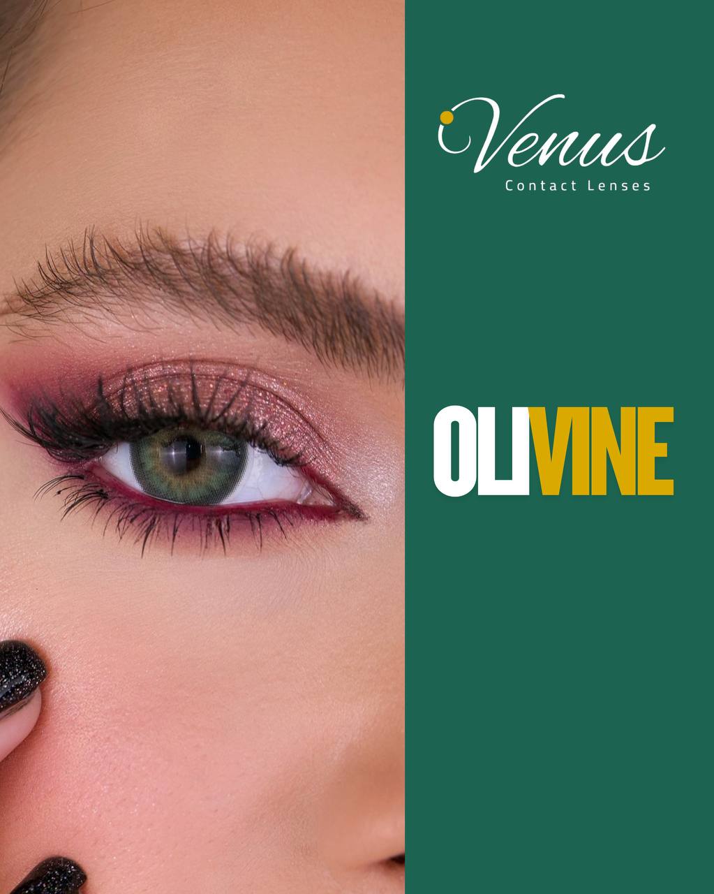 Model close-up wearing Olivine Green Contact Lenses by Venus – natural green eye color
