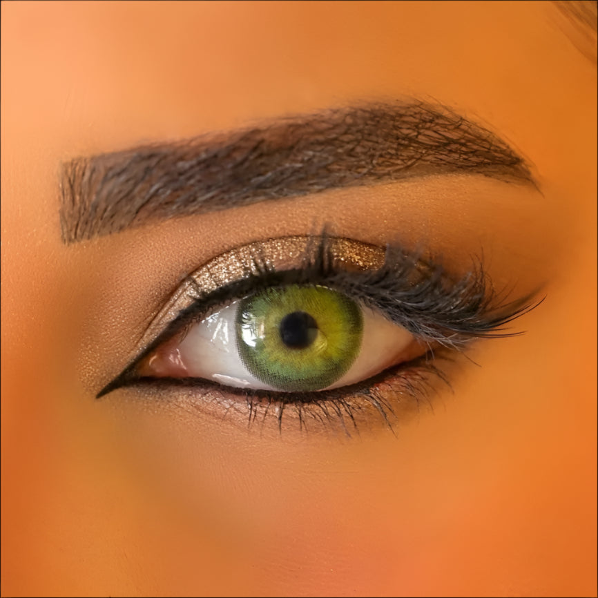 Model close-up wearing Olivine Green Contact Lenses by Venus – natural green eye color