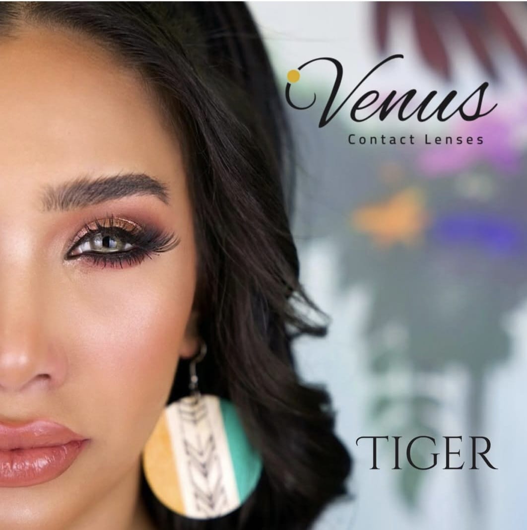 Close-up eyes with Tiger Contact Lenses – Warm Amber Brown Shade by Venus