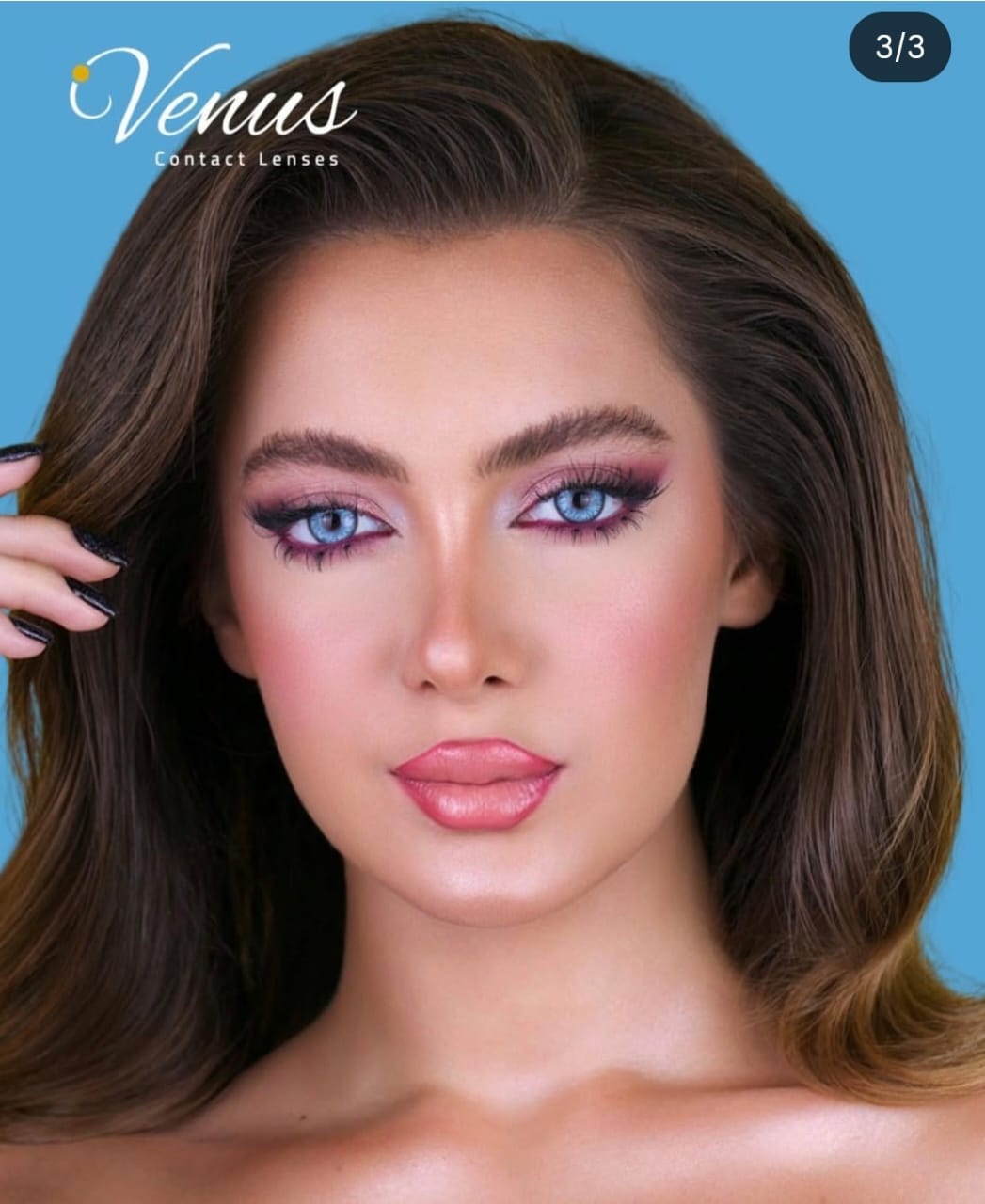 Model wearing Husky Blue Contact Lenses by Venus – natural icy blue eye look