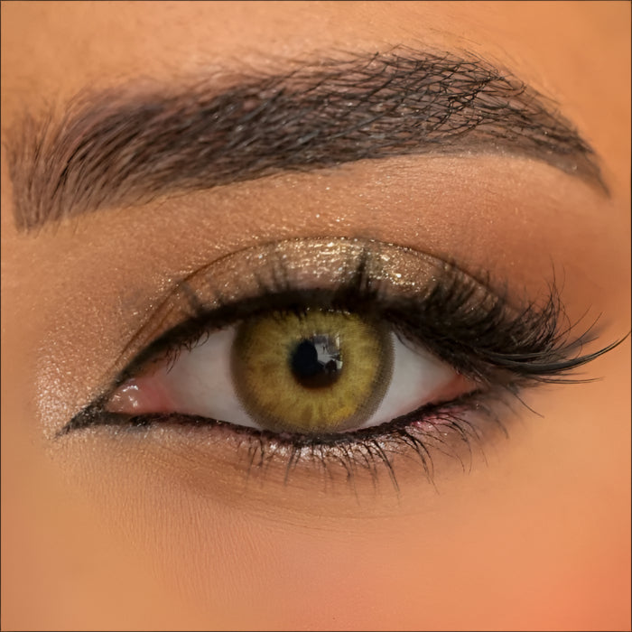 Close-up eyes with Tiger Contact Lenses – Warm Amber Brown Shade by Venus