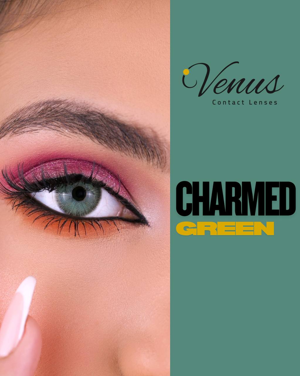 Model wearing Charmed Green Contact Lenses by Venus – vibrant green eye look
